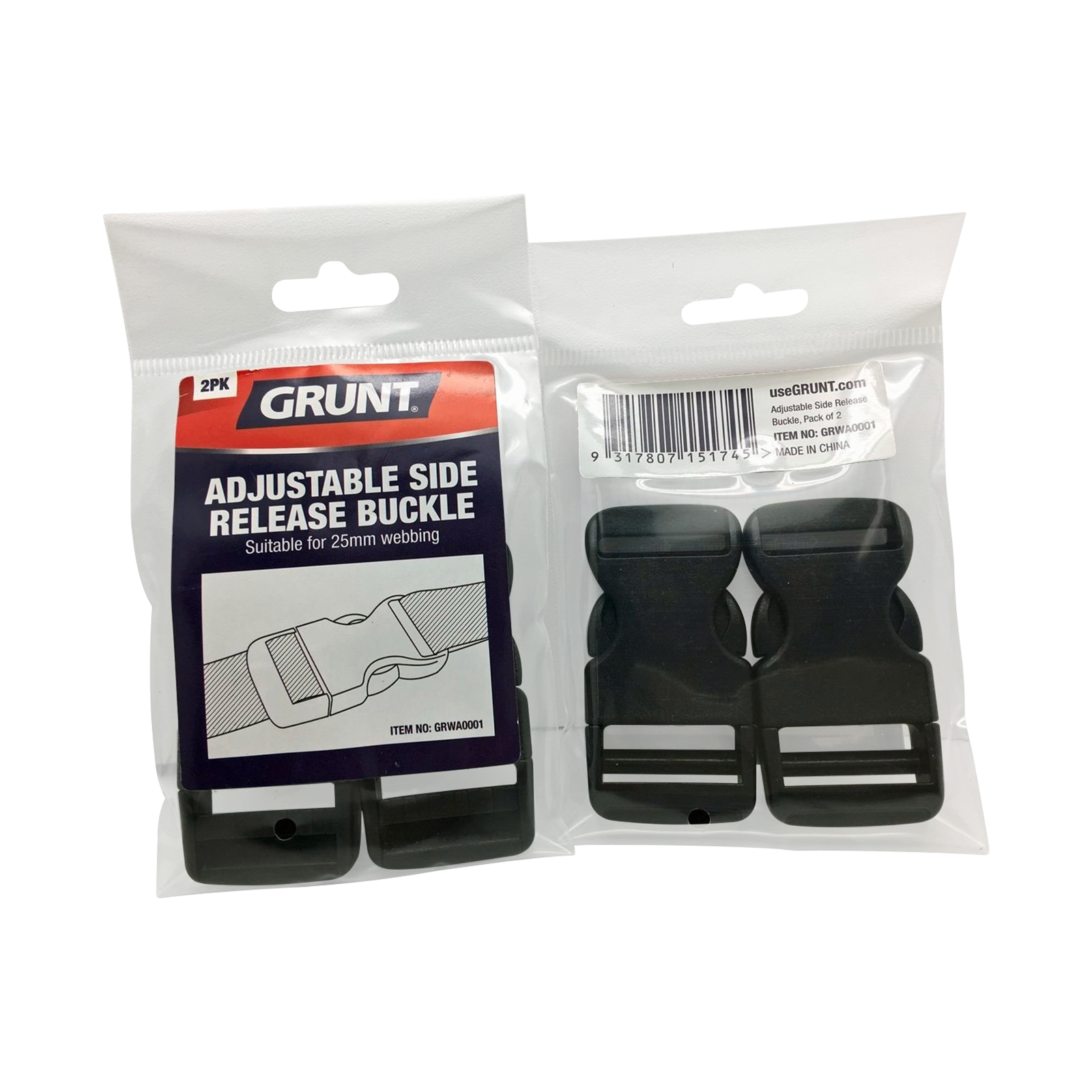 Grunt 25mm Black POM Adjustable Release Webbing Buckle - 2 Pack