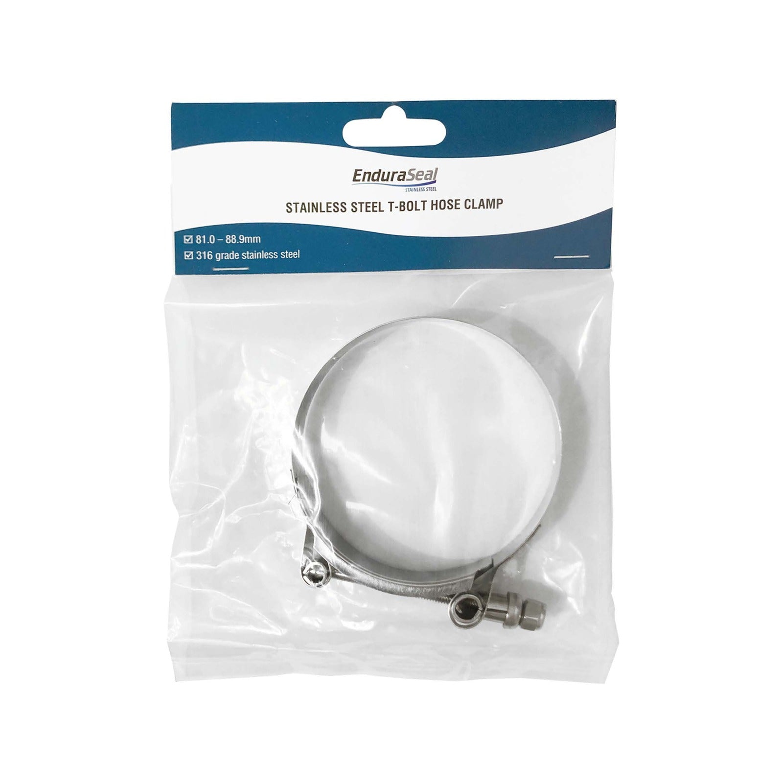 EnduraSeal 81-89mm Grade 316 Stainless Steel T-Bolt Hose Clamp Corrosion Resistant