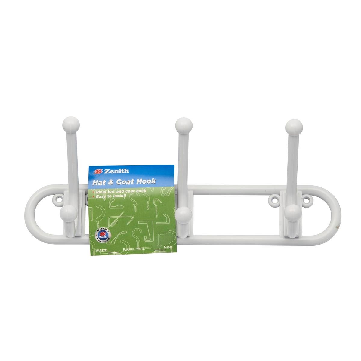 Zenith White Plastic Triple Hat and Coat Hook Rack, 110 x 280mm