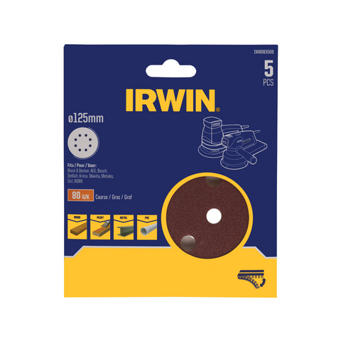Irwin 125mm 80 Grit Quick Fit Random Orbital Sanding Discs 5 Pack, 8 Holes