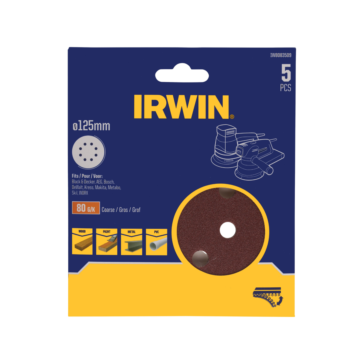 Irwin 125mm 80 Grit Quick Fit Random Orbital Sanding Discs 5 Pack, 8 Holes