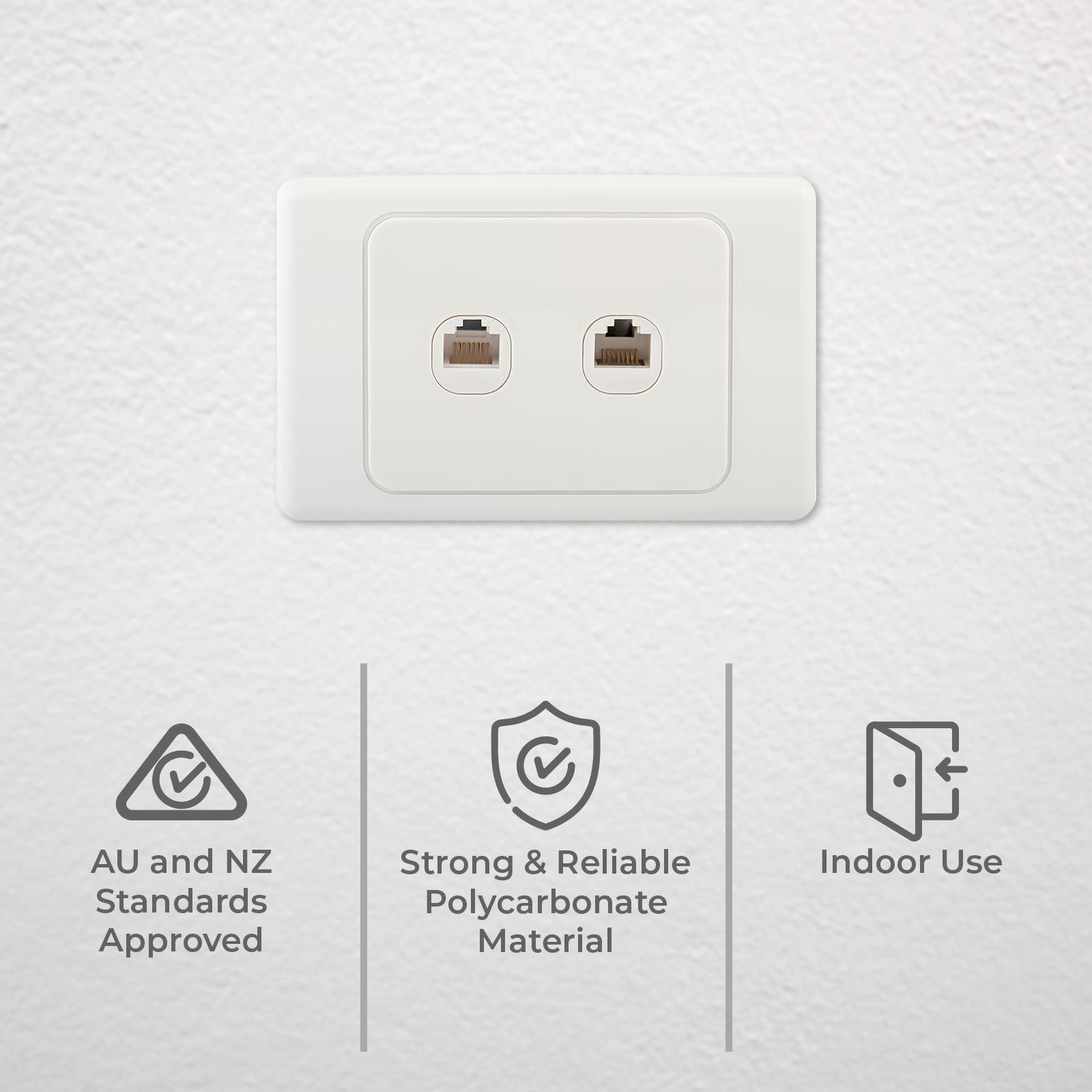 DETA Cat 6 Double Ethernet RJ45 Outlet - White Polycarbonate 2 Port Wall Plate
