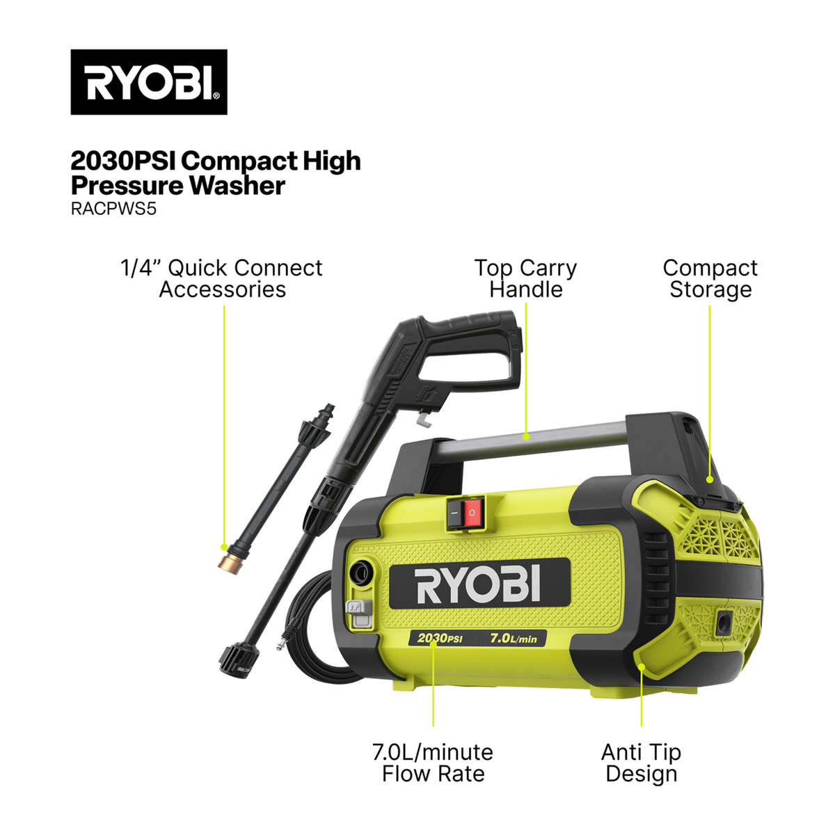 Ryobi 2030 PSI Compact High Pressure Washer with 6m Hose