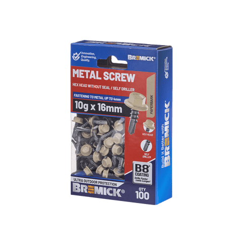 Bremick 10g x 16mm Hex Metal Screw, Carbon Steel B8 Paperbark, Drill Point Fine Thread - 100 Box