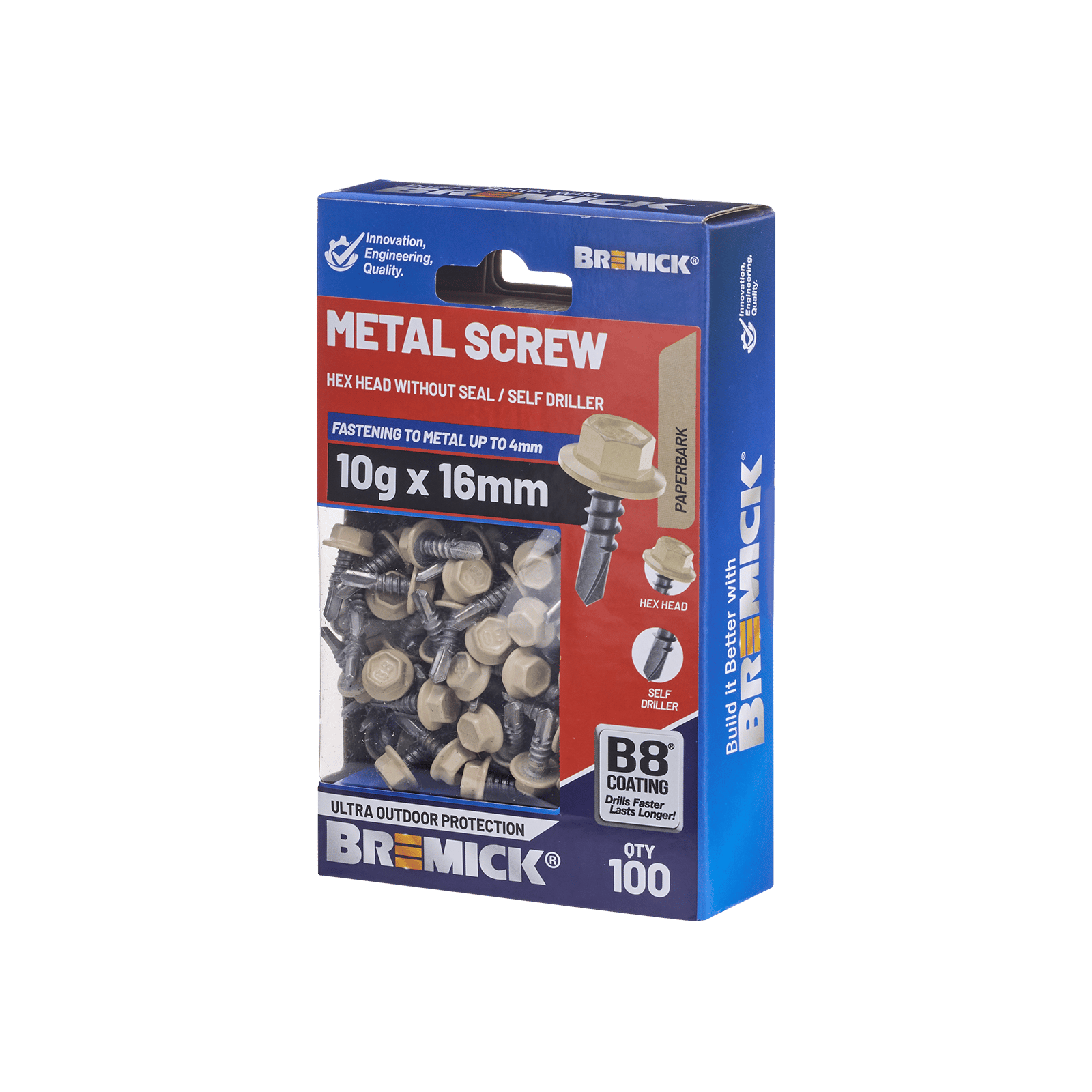 Bremick 10g x 16mm Hex Metal Screw, Carbon Steel B8 Paperbark, Drill Point Fine Thread - 100 Box