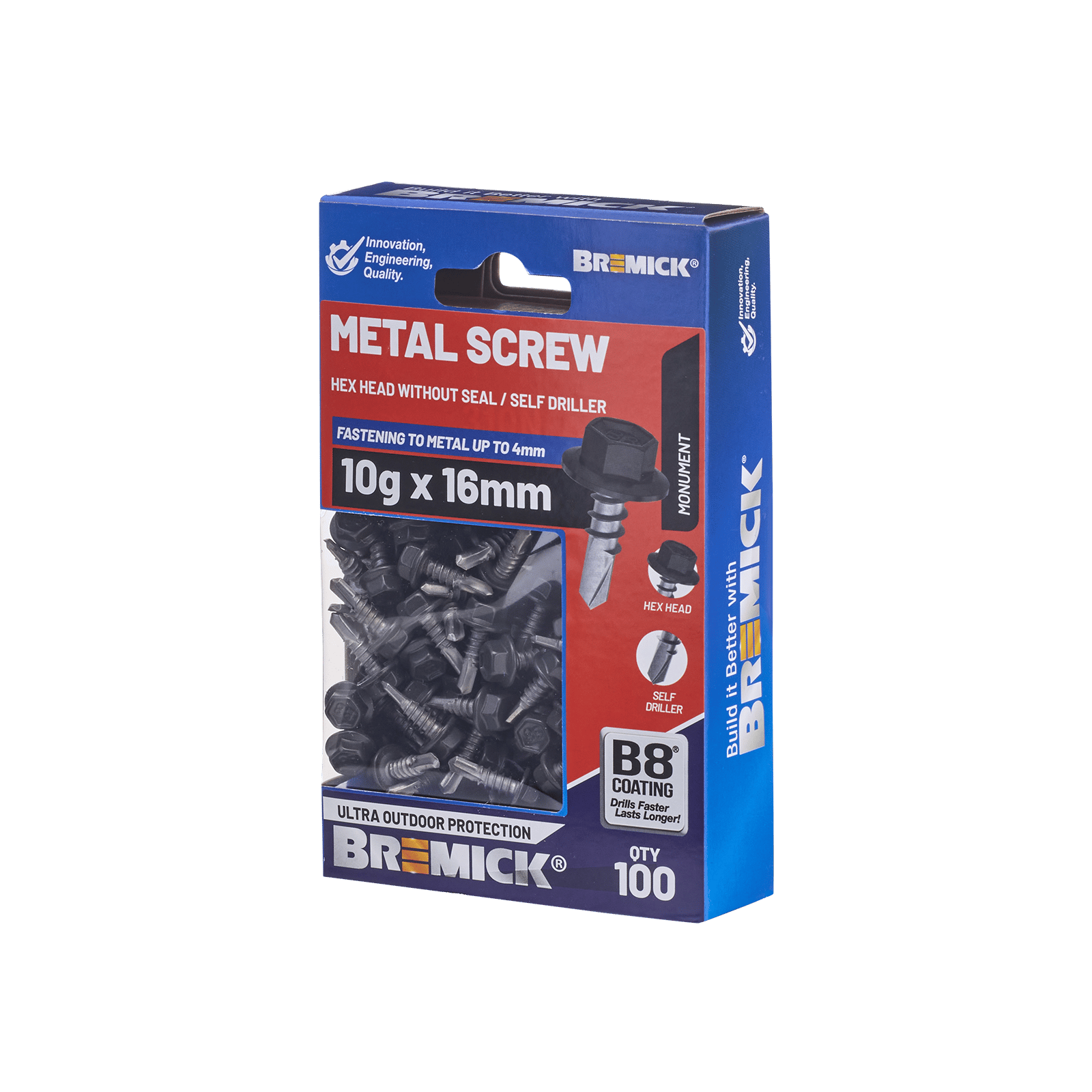 Bremick 10g x 16mm Hex Metal Screw, Carbon Steel B8 Monument, Drill Point Fine Thread - 100 Box