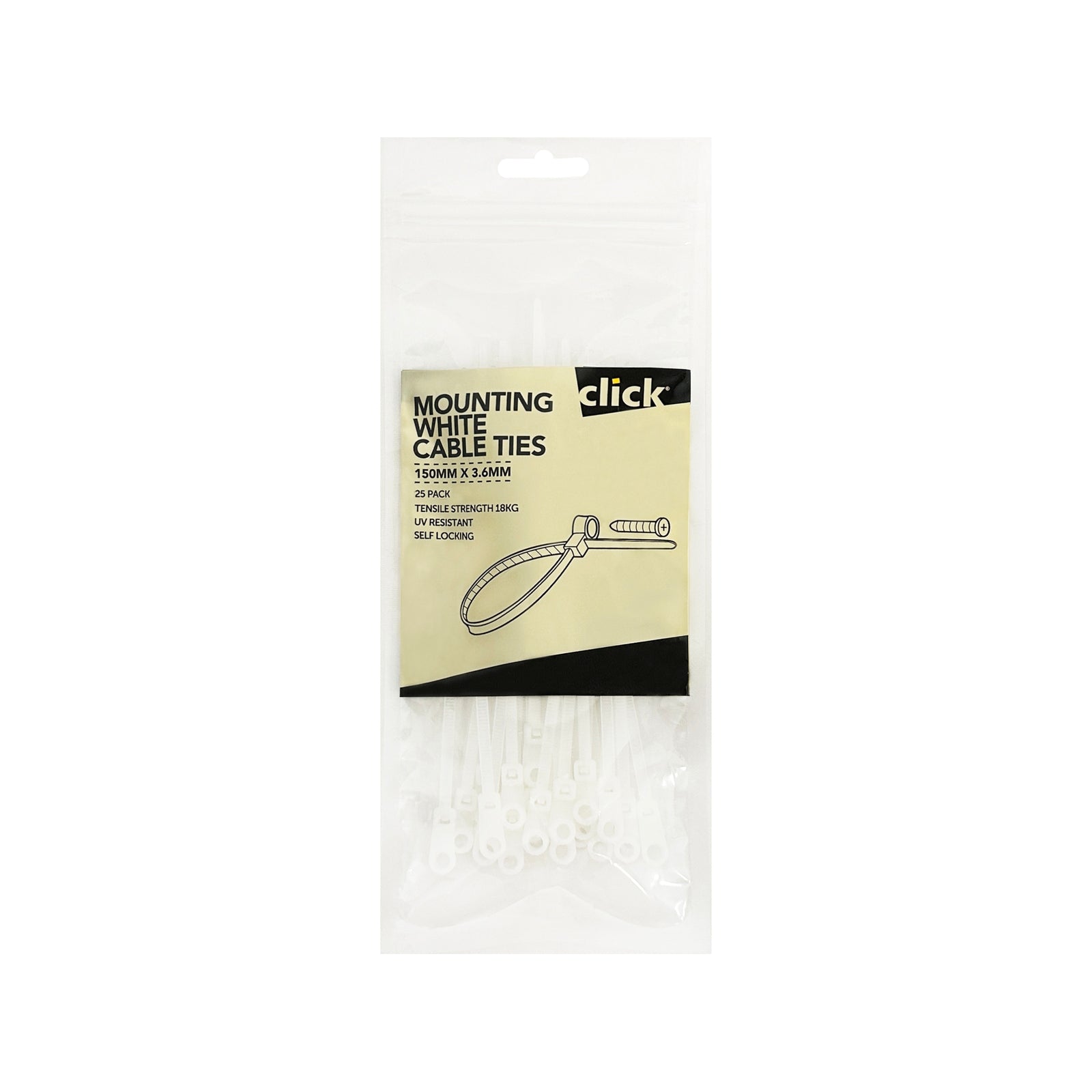 Click 150mm White Mounting Cable Tie 25 Pack - UV Resistant Nylon Screw Hole