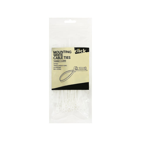 Click 150mm White Mounting Cable Tie 25 Pack - UV Resistant Nylon Screw Hole