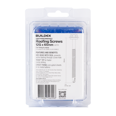 Buildex 12G x 65mm Class 3 Roofing TEKS Screws with Seal, Hex Head - 50 Pack