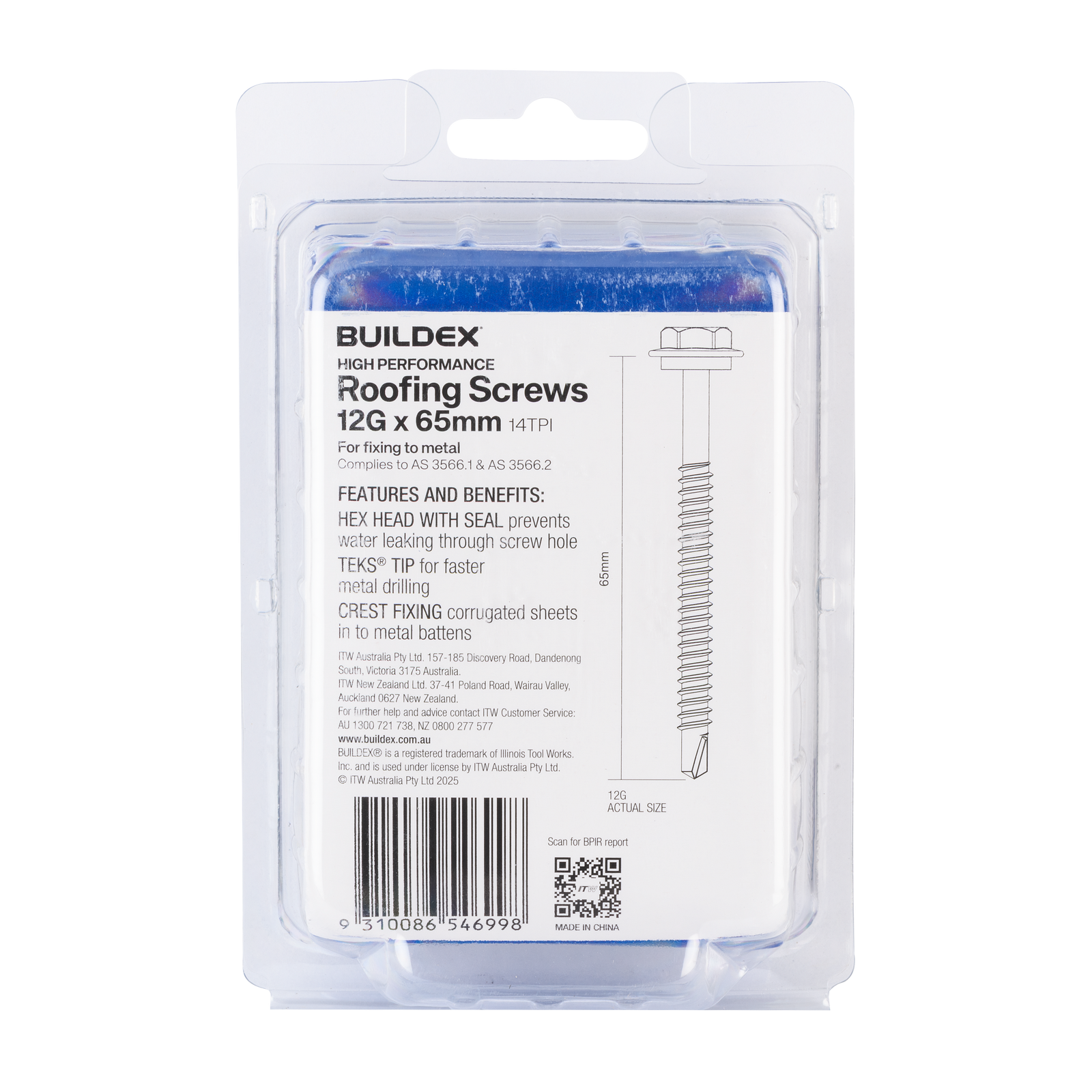 Buildex 12G x 65mm Class 3 Roofing TEKS Screws with Seal, Hex Head - 50 Pack