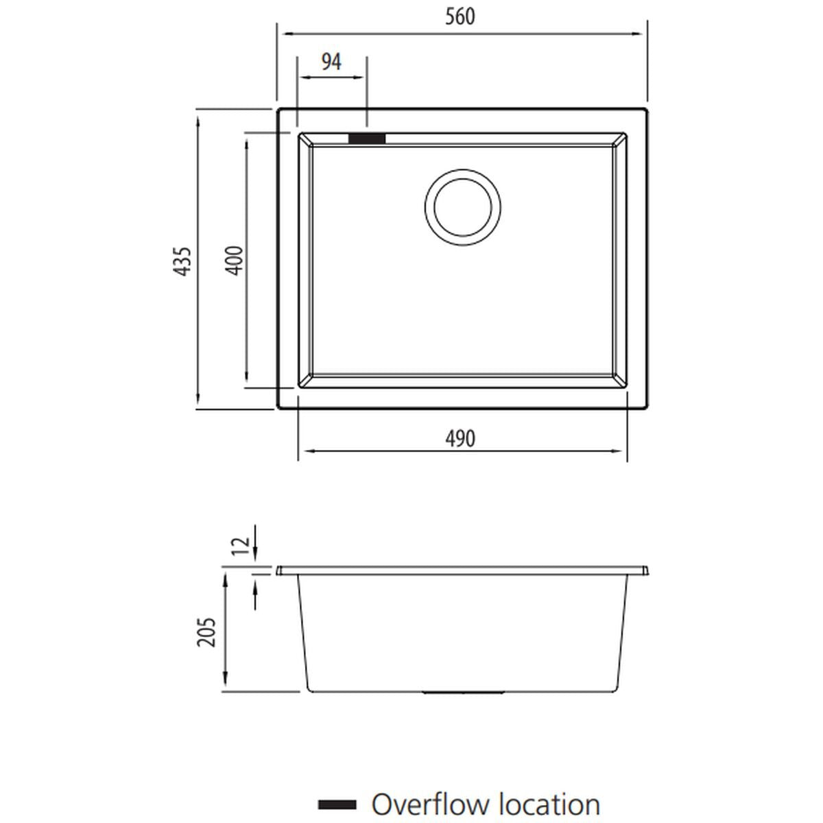 Oliveri undermount sink - large single bowl, white granite and quartz composite, overflow - ST-WH1550UOF