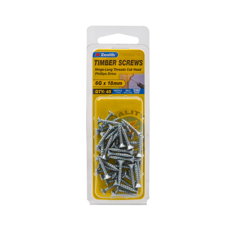 Zenith 6G x 20mm Zinc Plated Hinge-Long Thread Countersunk Timber Screws, 45 Pack