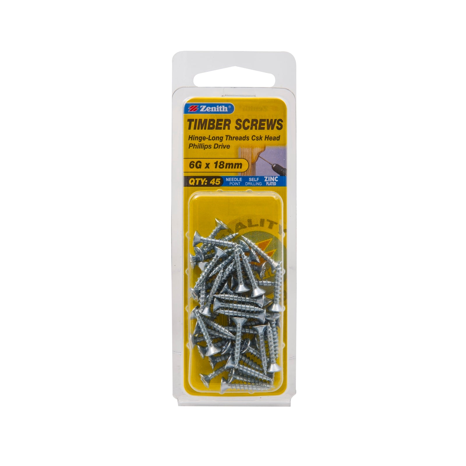 Zenith 6G x 20mm Zinc Plated Hinge-Long Thread Countersunk Timber Screws, 45 Pack