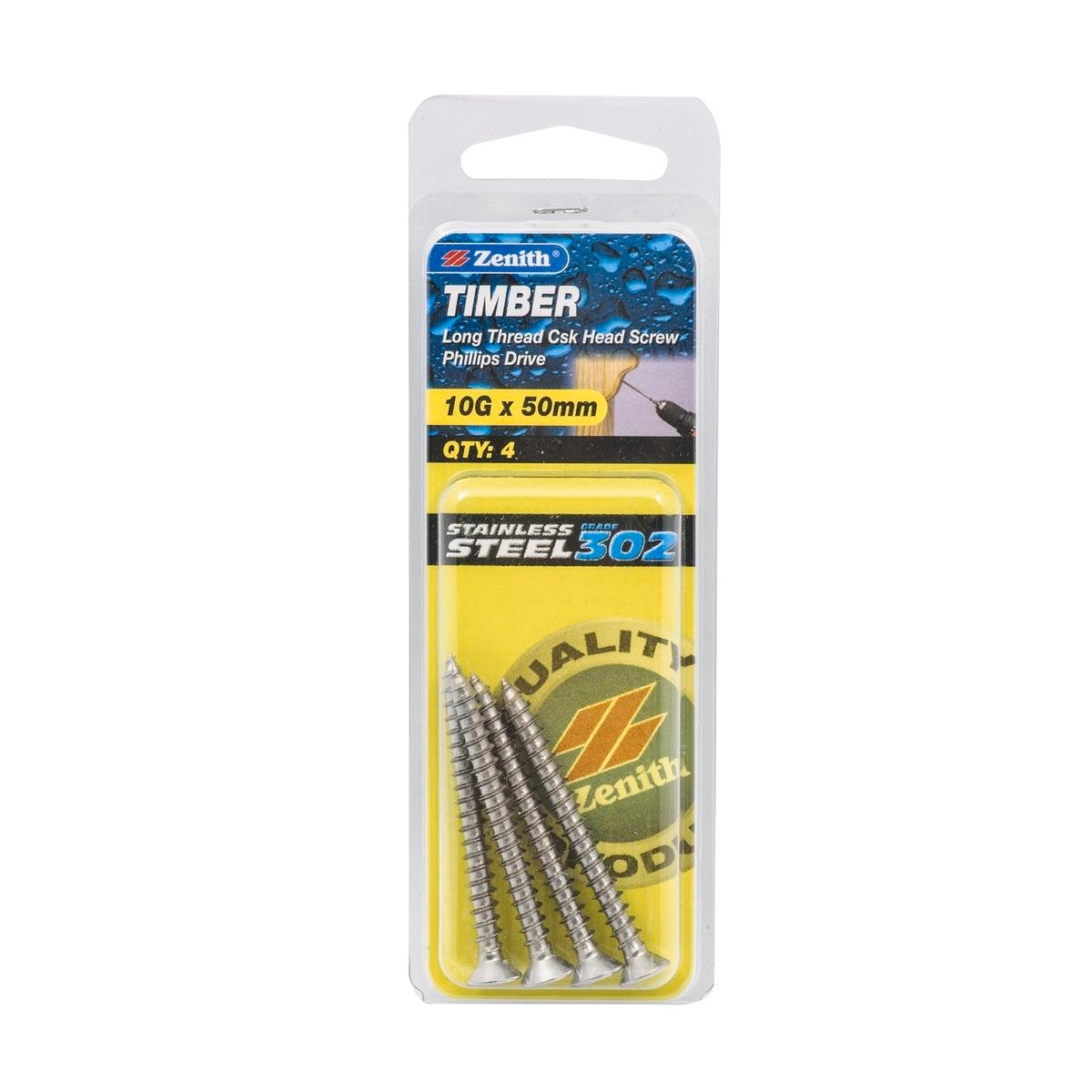 Zenith 10G x 50mm 302 Stainless Steel Countersunk Timber Screws - Long Thread, Phillips, 4 Pack