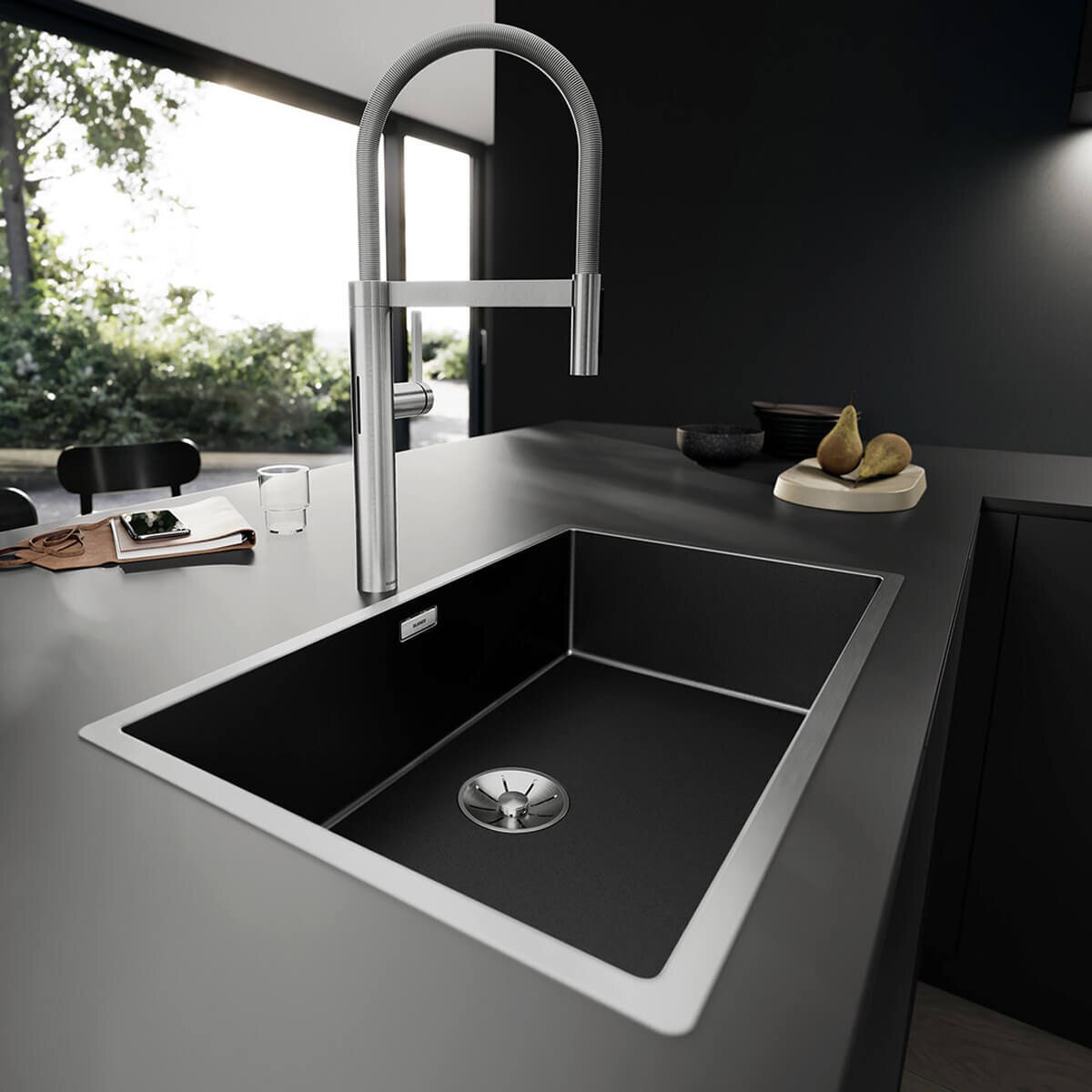 Blanco Claron Single Bowl Sink - Dark Steel Finish, Top or Flush Mount, 10mm Radius - 528004