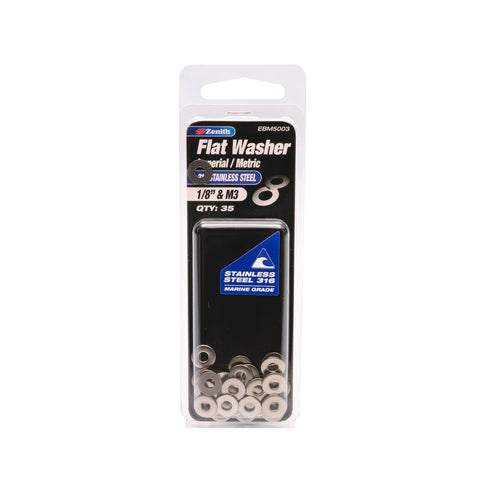 Zenith 1/8" and M3 316 Stainless Steel Round Flat Washer - 35 Pack