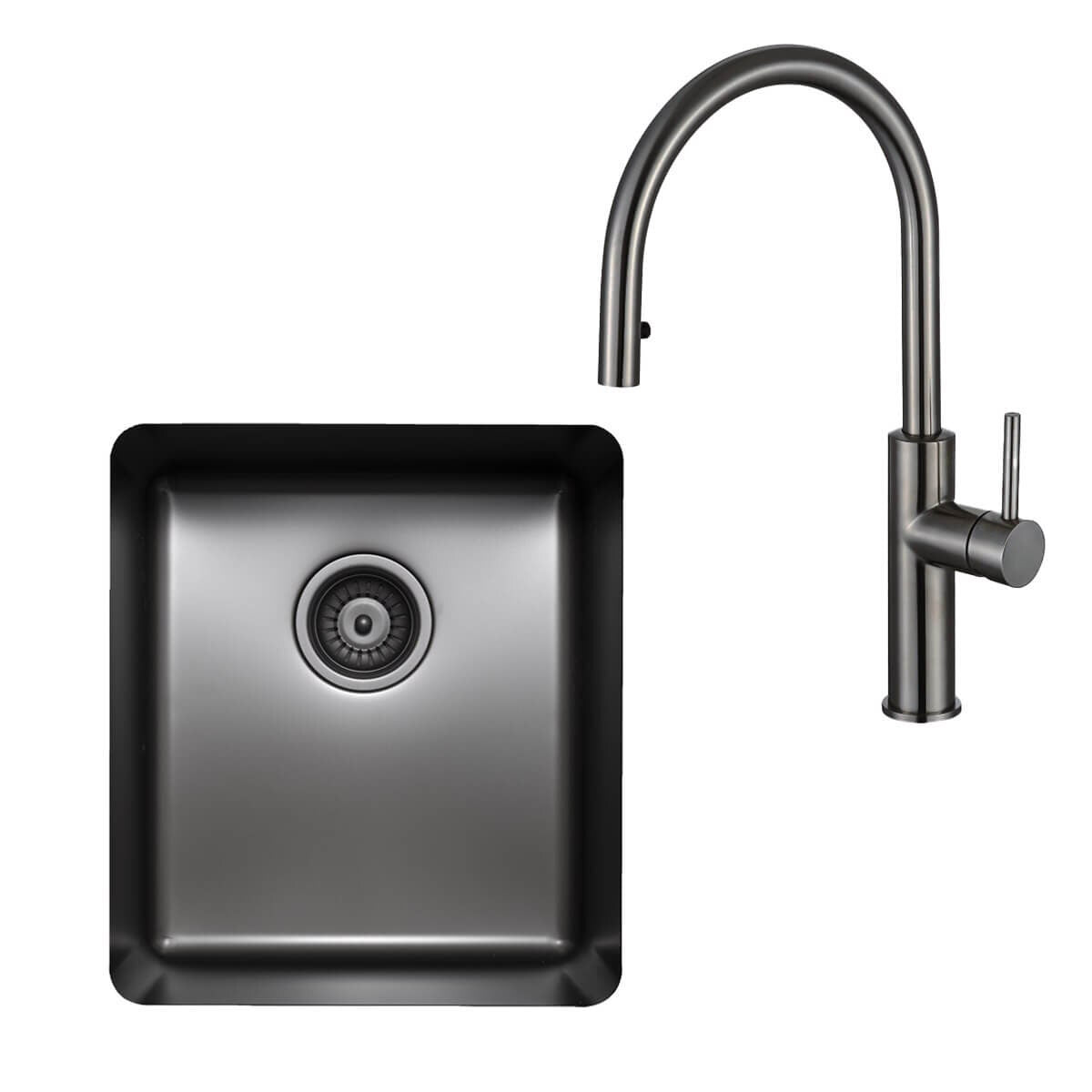 Titan Essentials 405mm Single Bowl Sink and Pull Out Gooseneck Mixer Tap Package - Gunmetal - TSGMPK402
