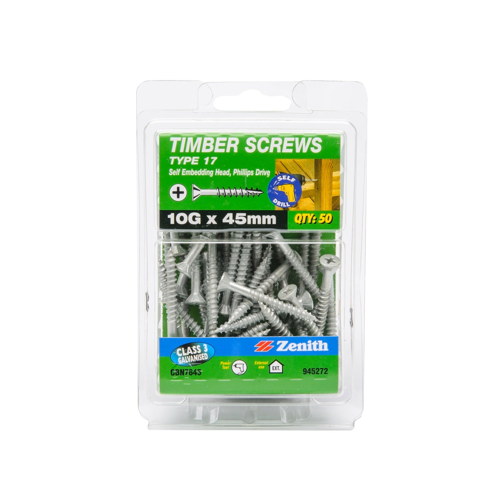 Zenith 10G x 45mm Galvanised Type 17 Self Embedding Head Timber Screws - 50 Pack