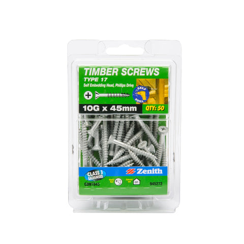 Zenith 10G x 45mm Galvanised Type 17 Self Embedding Head Timber Screws - 50 Pack