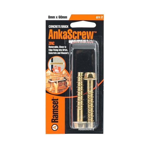 Ramset AnkaScrew 8 x 60mm Zinc-Plated Masonry Anchor - Flanged Hex Screw-In - 2 Pack