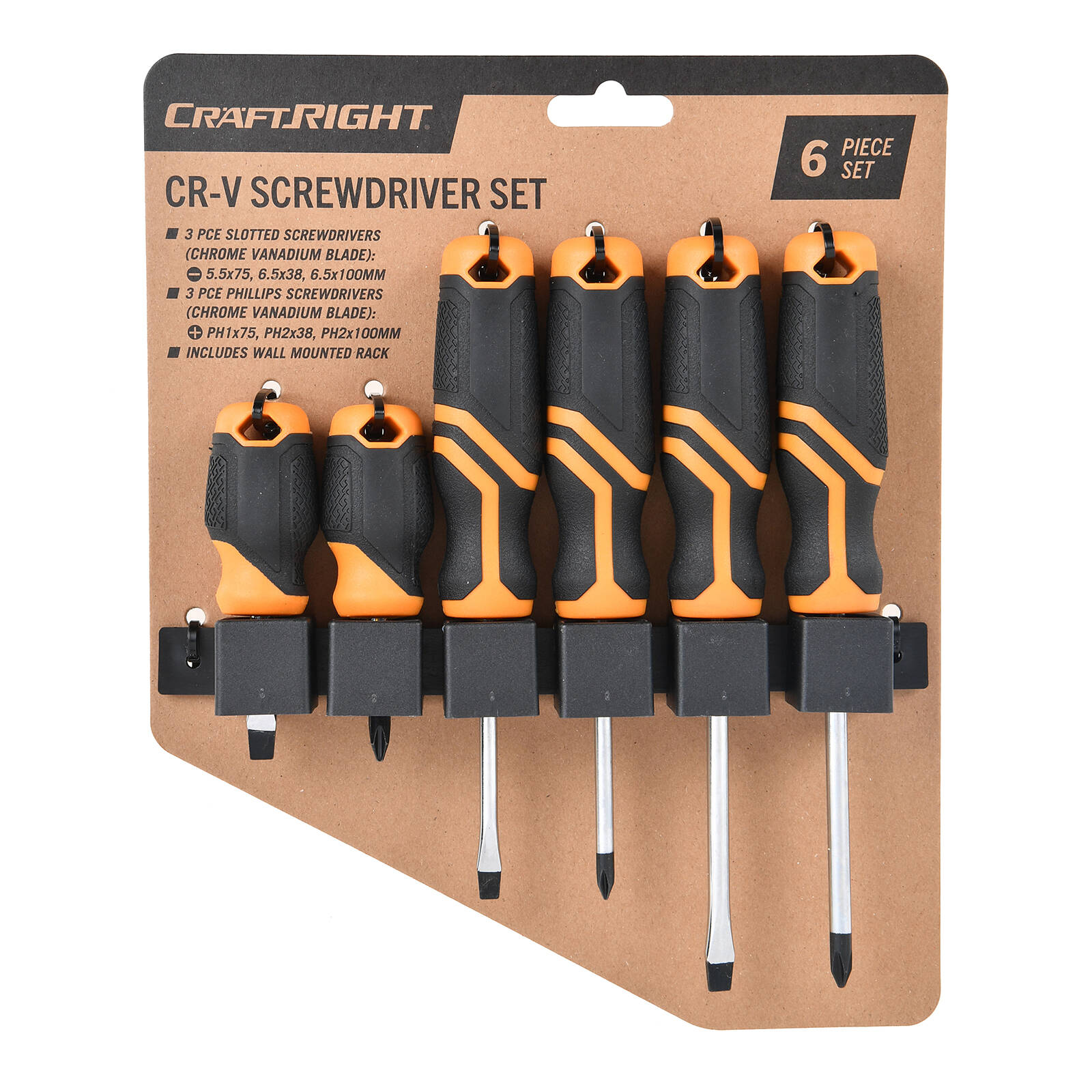 Craftright 6 Piece Screwdriver Set Chrome Vanadium Steel with Storage Rack