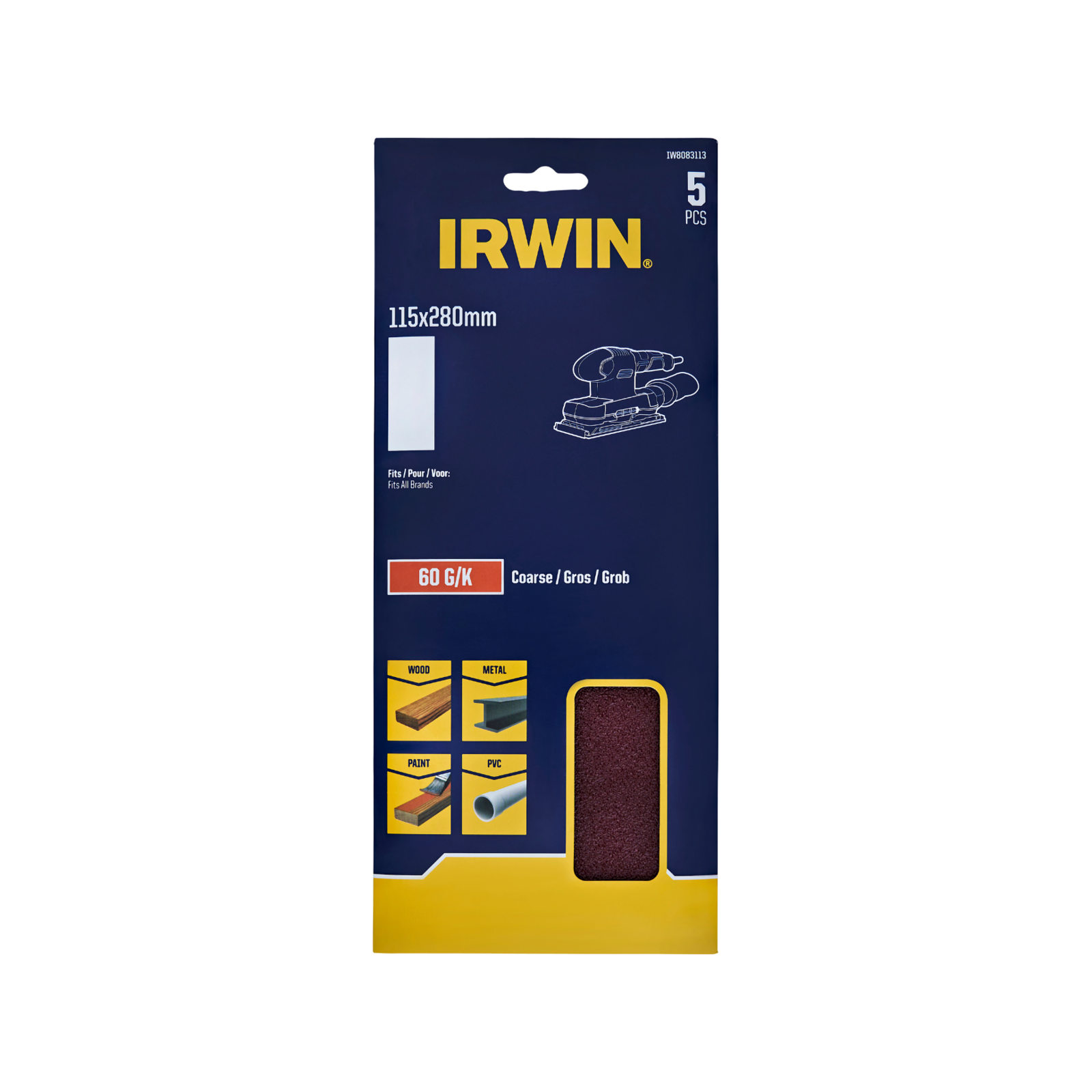 Irwin 115 x 280mm 60 Grit 1/2 Un-Punched Sanding Sheets - 5 Pack
