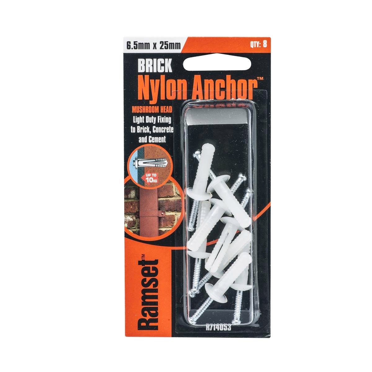 Ramset 6.5 x 25mm Mushroom Head Brick Nylon Masonry Anchor, 8 Pack