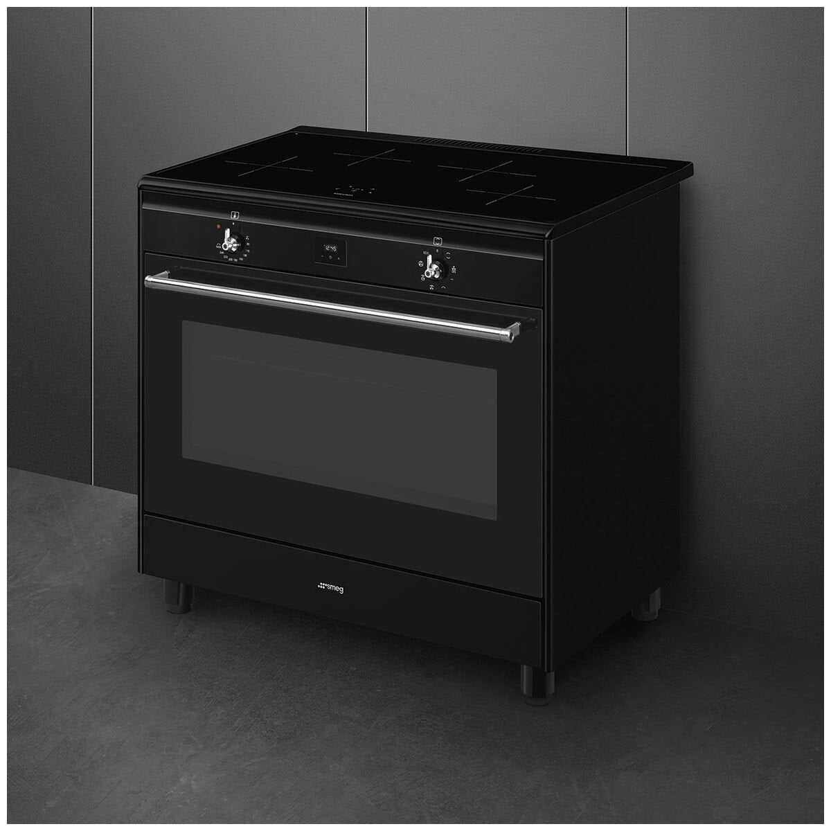 Smeg 90cm Freestanding Induction Oven - Black, Four Zone Cooktop, Vapour Clean - CX91IMBL