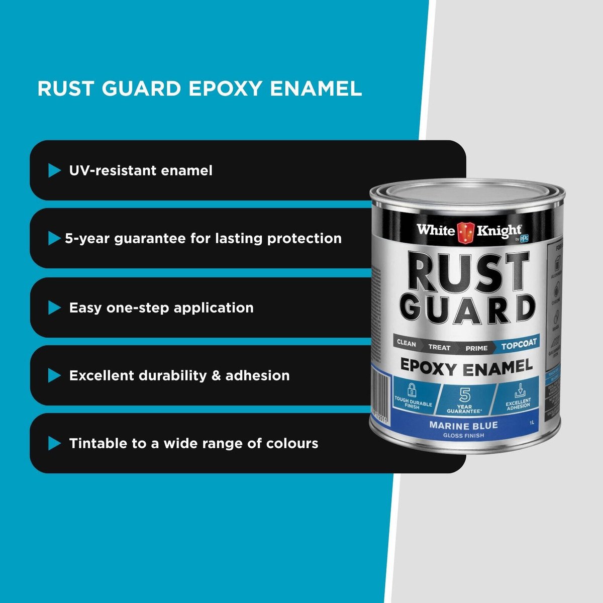 White Knight Rust Guard Epoxy Enamel Paint 1L - Marine Blue Gloss, Solvent Based UV Resistant Metal Paint