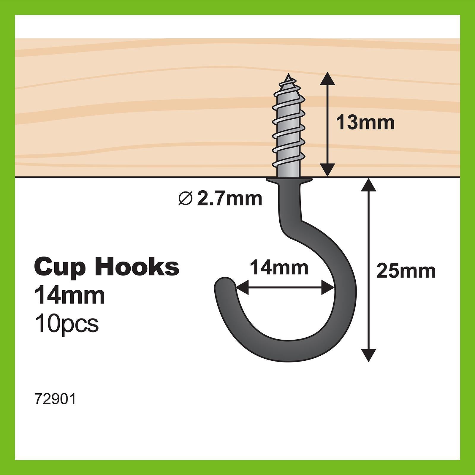 Everhang 14mm Black Powder Coated Steel Cup Hook 10 Pack