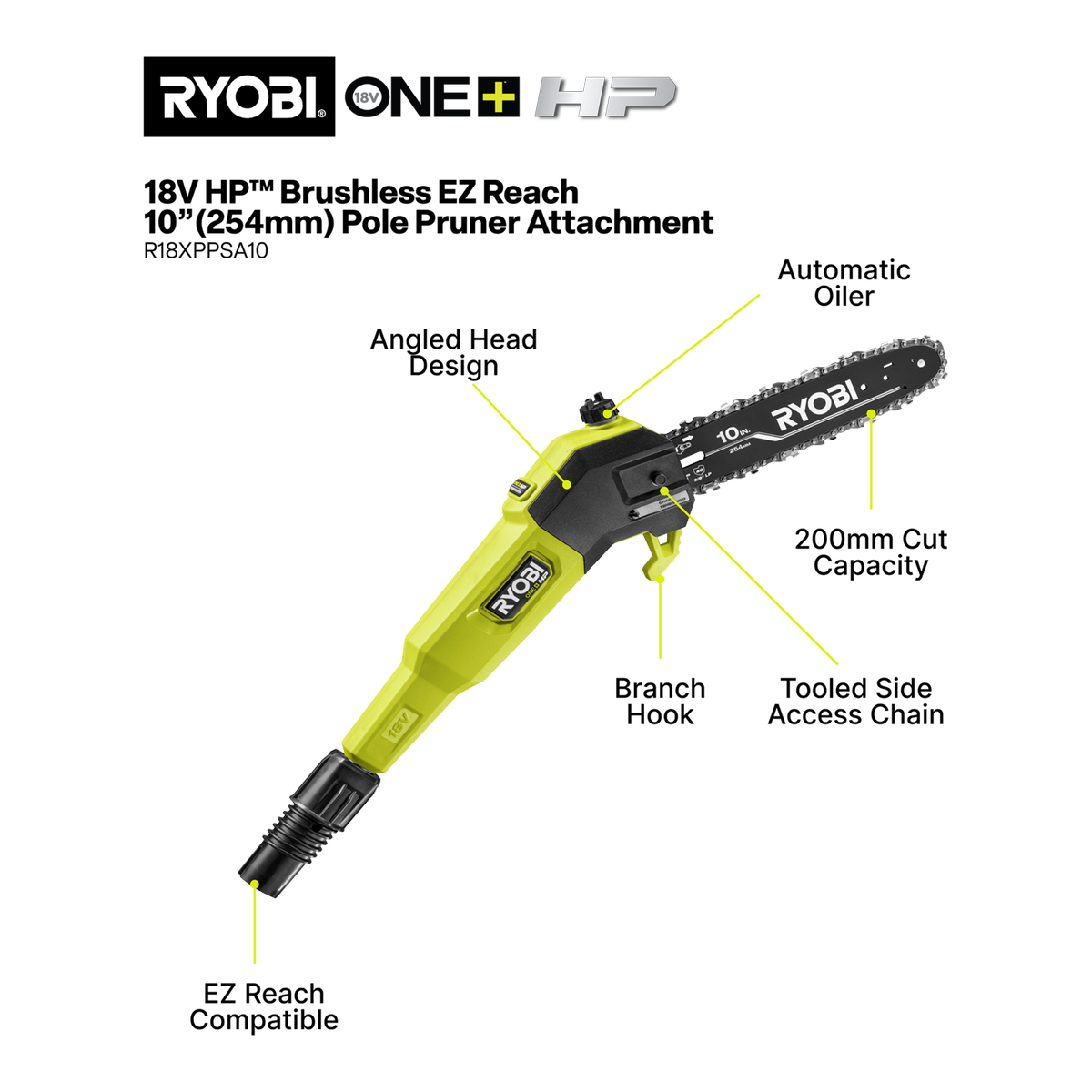 Ryobi 18V ONE+ EZ Reach HP 10" Pole Pruner Attachment, Tool Only