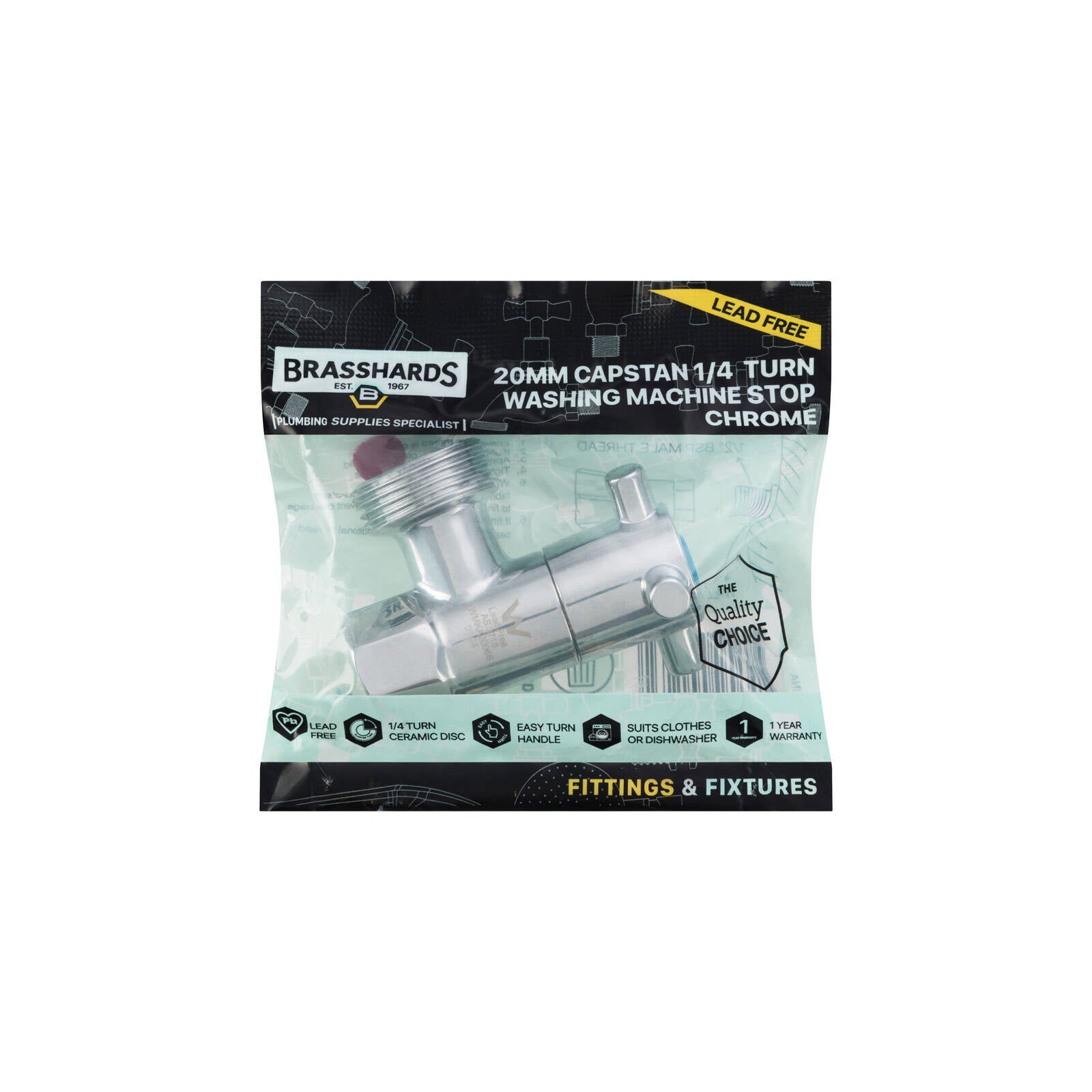 Brasshards Capstan 1/4 Turn Washing Machine Stop 20mm Chrome Brass Lead Free