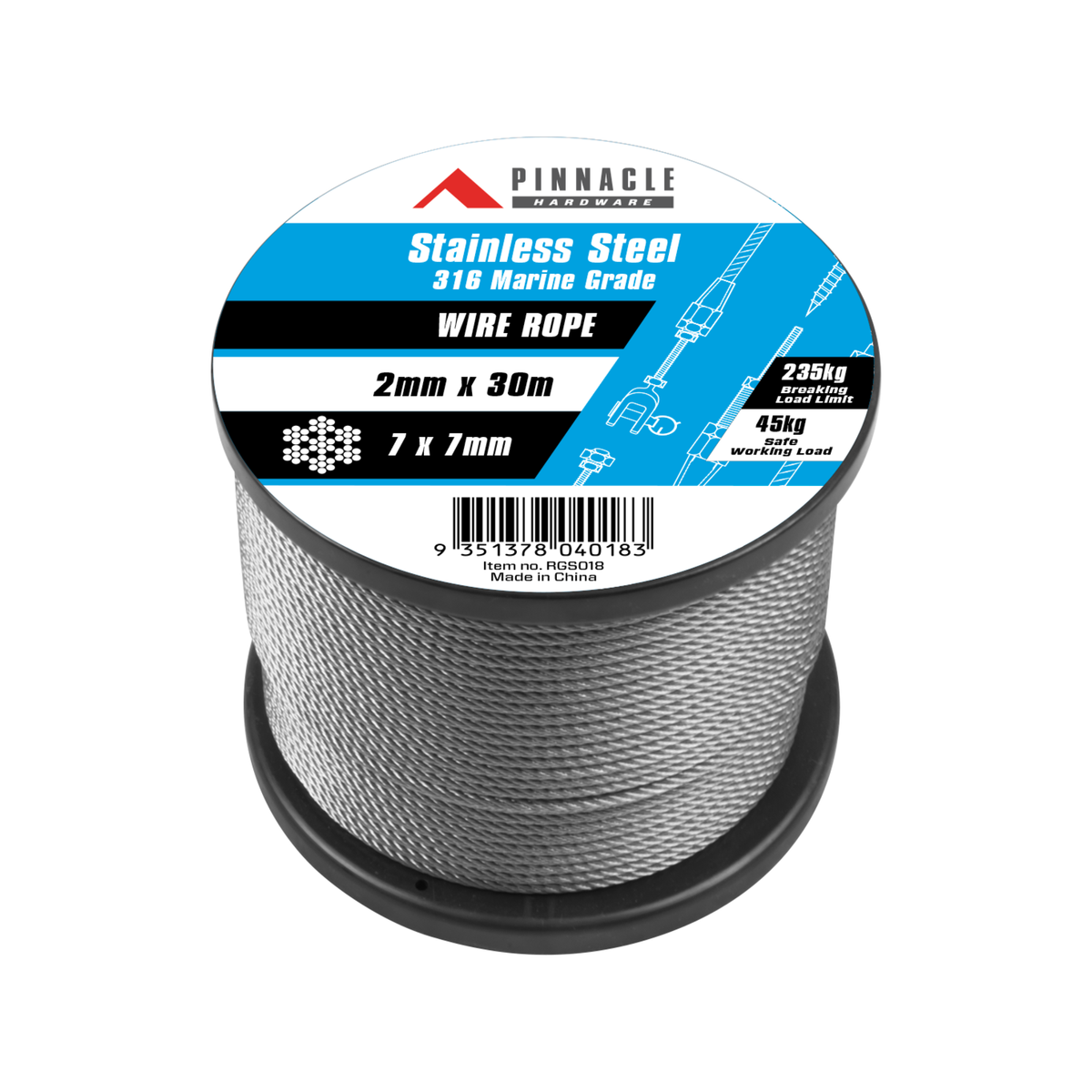 Pinnacle 2mm x 30m 316 Marine Grade Stainless Steel Wire Rope, 7x7 Construction