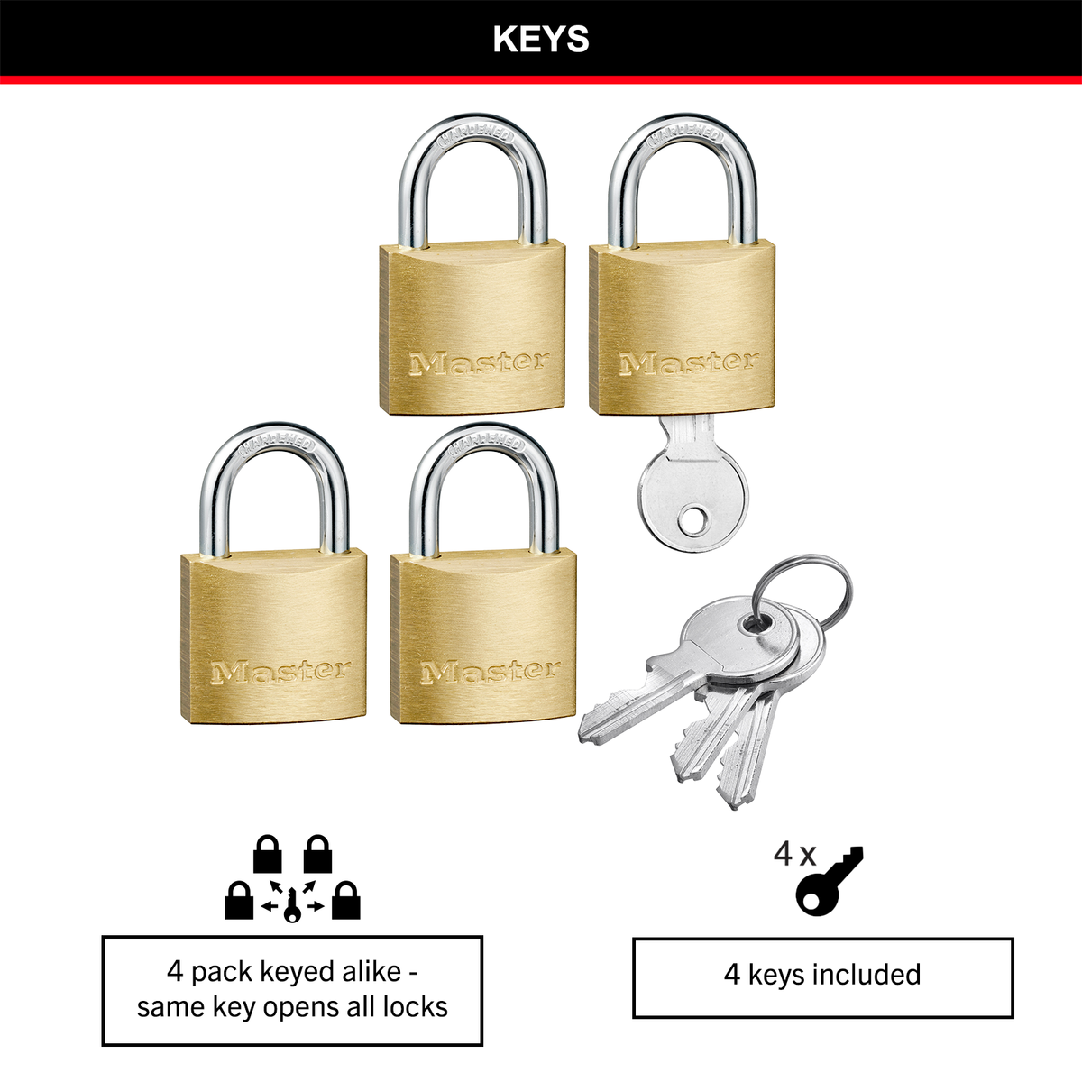 Master Lock 30mm Solid Brass Keyed Padlock - 4 Pack