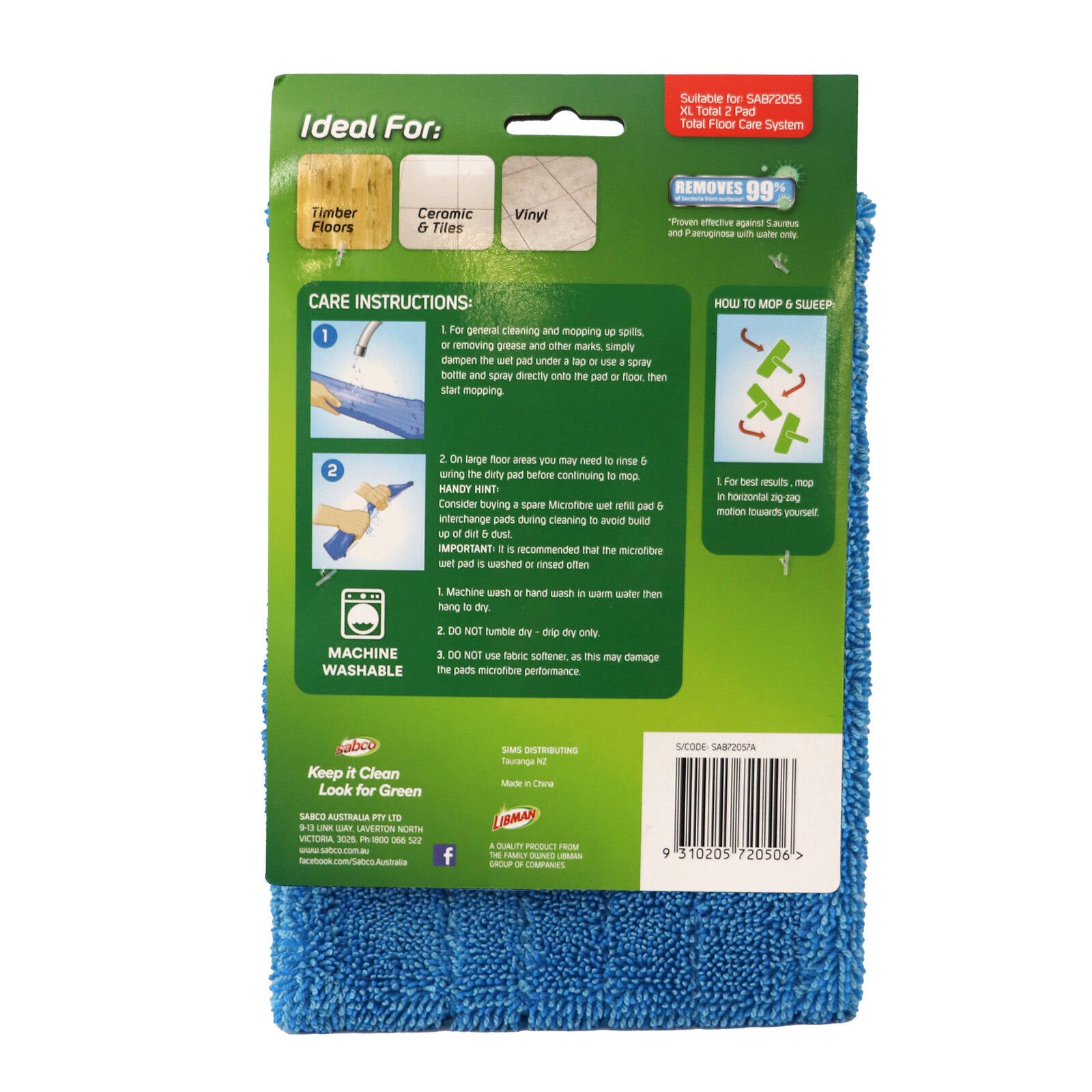 Sabco XL Total Antibacterial Wet Mop Pad Refill 157mm, Microfibre