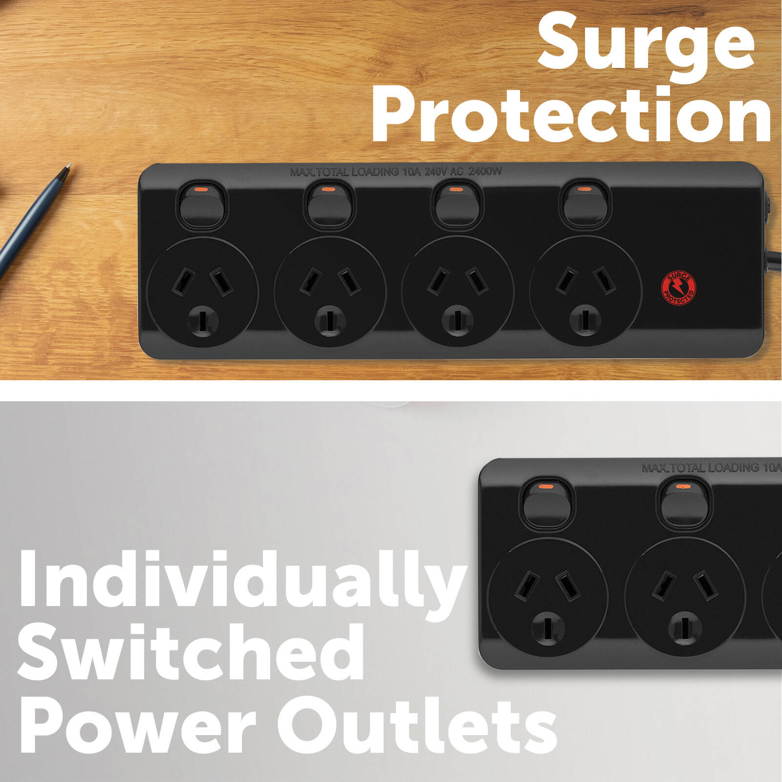 Arlec 4 Outlet Surge Protected Powerboard 350 Joule Black