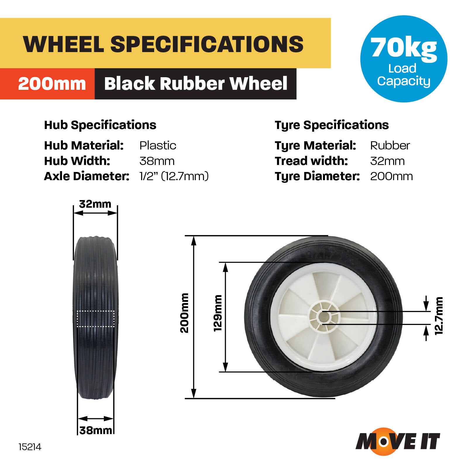 Move It 200mm Black Rubber Tyre With White Plastic Centre 70kg