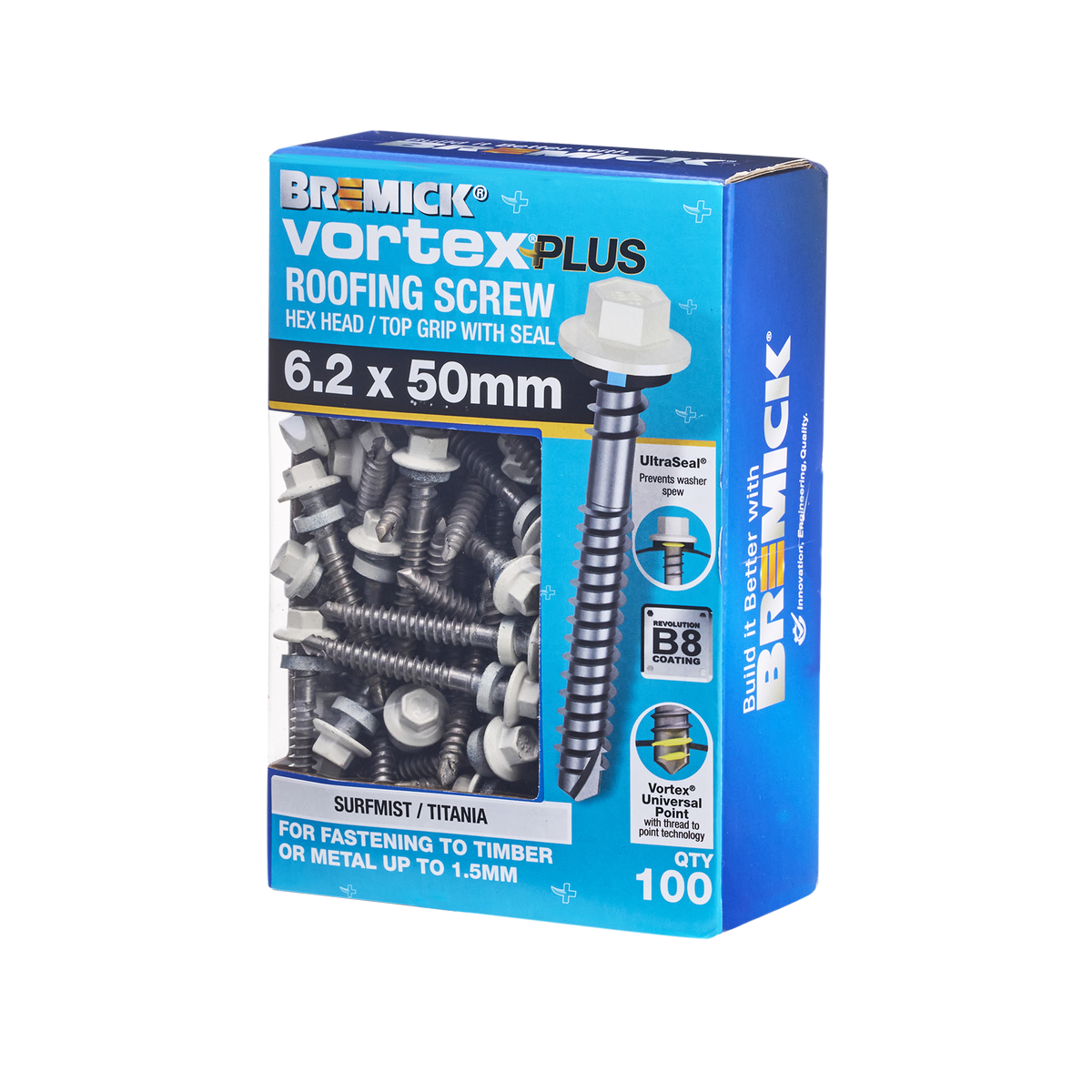 Bremick Vortex Plus Roofing Screw 6.2 x 50mm - Box of 100 - Hex Drive - Watertight Seal - SuperSaverAU - view 1