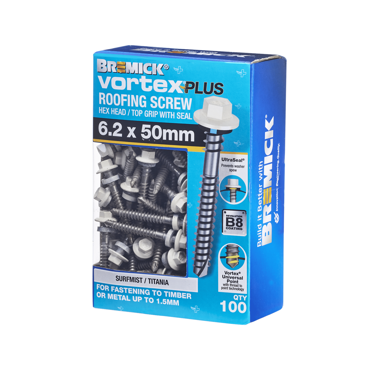 Bremick Vortex Plus 6.2 x 50mm Hex Roofing Screws B8 Surfmist - 100 Pack