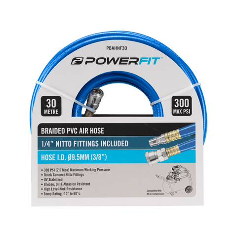 PowerFit 30m Braided Air Hose with Nitto-Style Fittings, 300 PSI