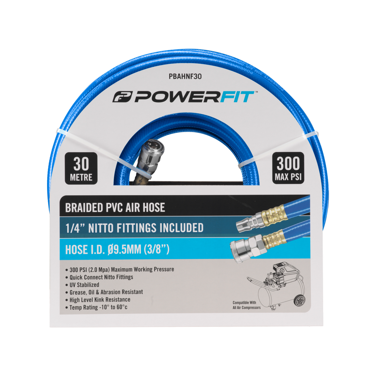 PowerFit 30m Braided Air Hose with Nitto-Style Fittings, 300 PSI
