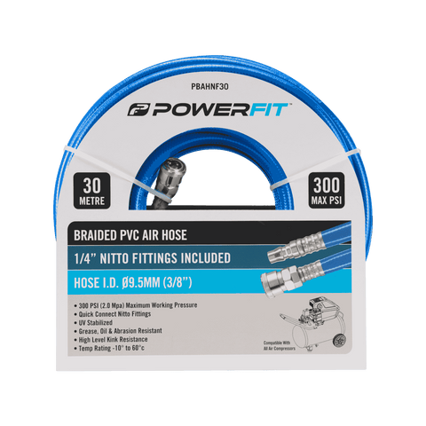PowerFit 30m Braided Air Hose with Nitto-Style Fittings, 300 PSI