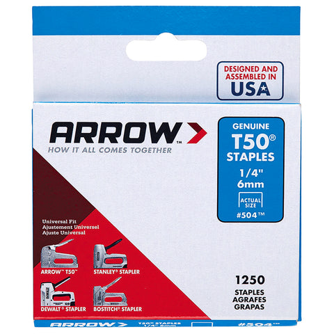 Arrow 6mm T50 Staples 1250 Pack Steel Flat Crown (#504)