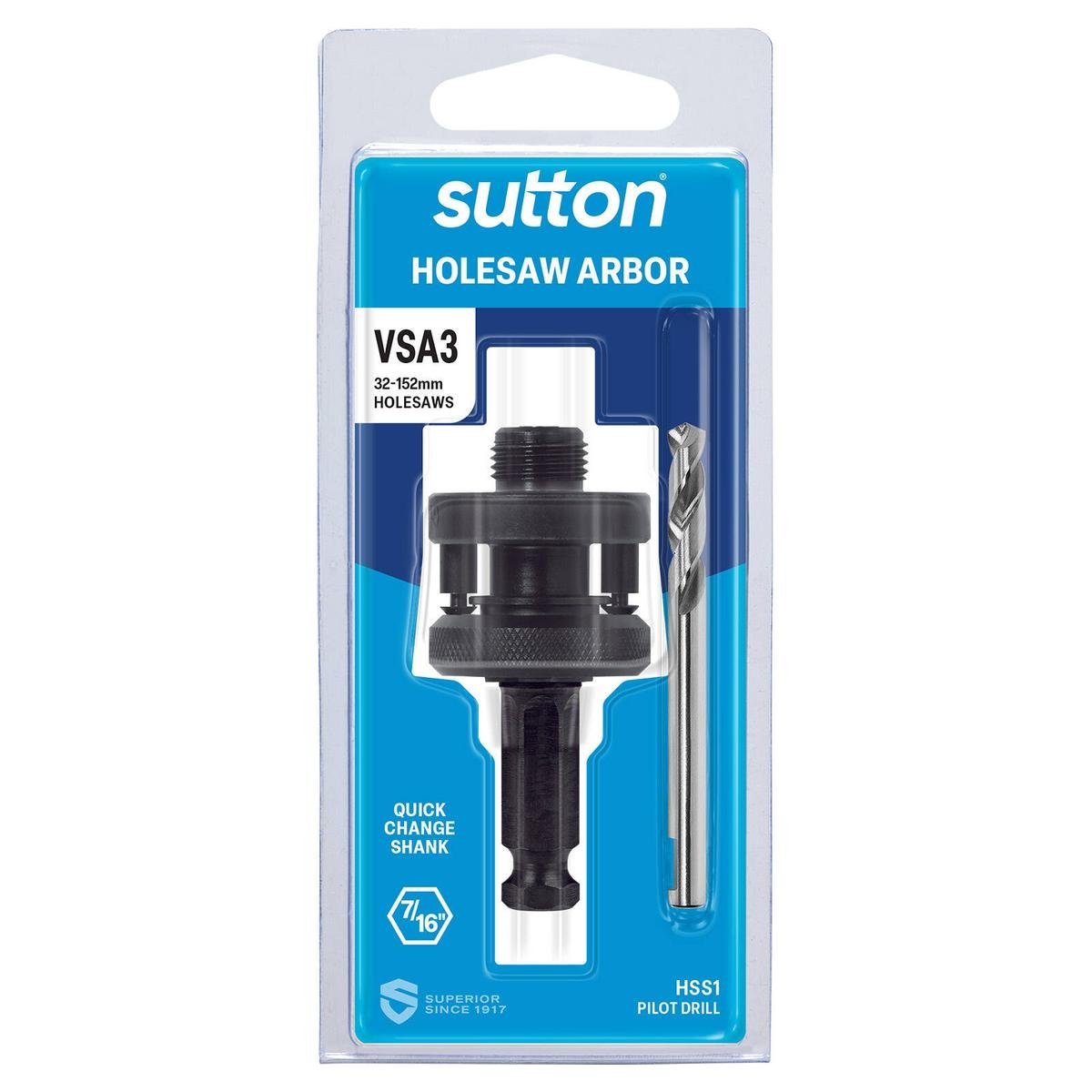 Sutton Tools VSA3 Holesaw Arbor for 32-152mm Holesaws, 5/8" UNF, 7/16" Hex