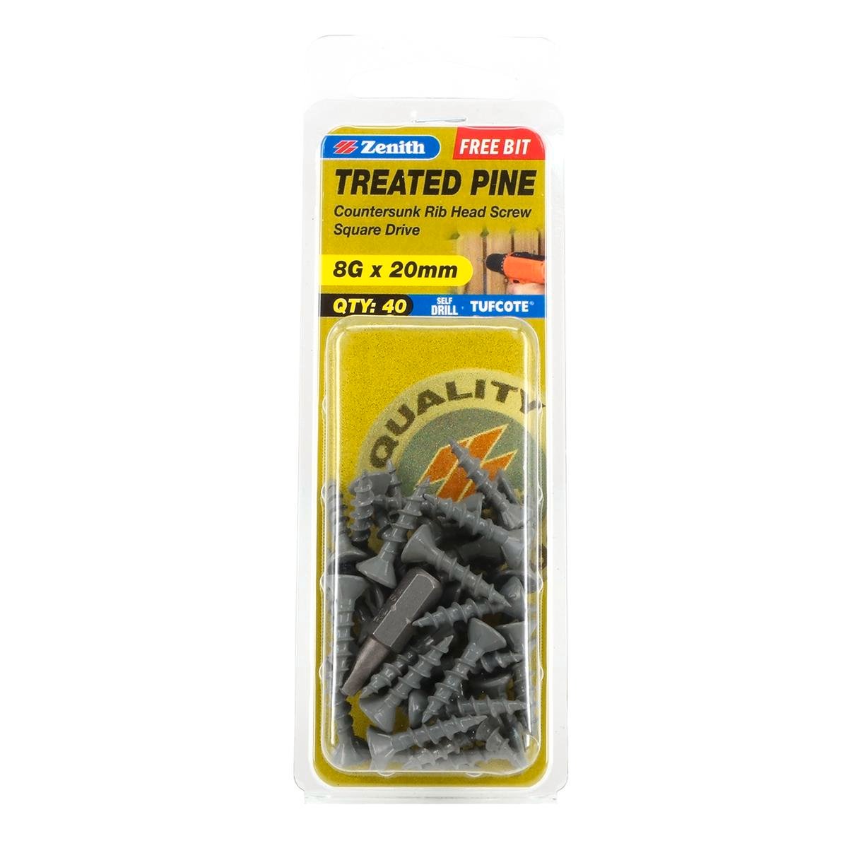 Zenith 8G x 20mm Tufcote Countersunk Rib Head Treated Pine Screws - 40 Pack