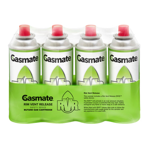 Gasmate 220g Steel Rim Vent Safety Butane Gas Cartridge 4 Pack