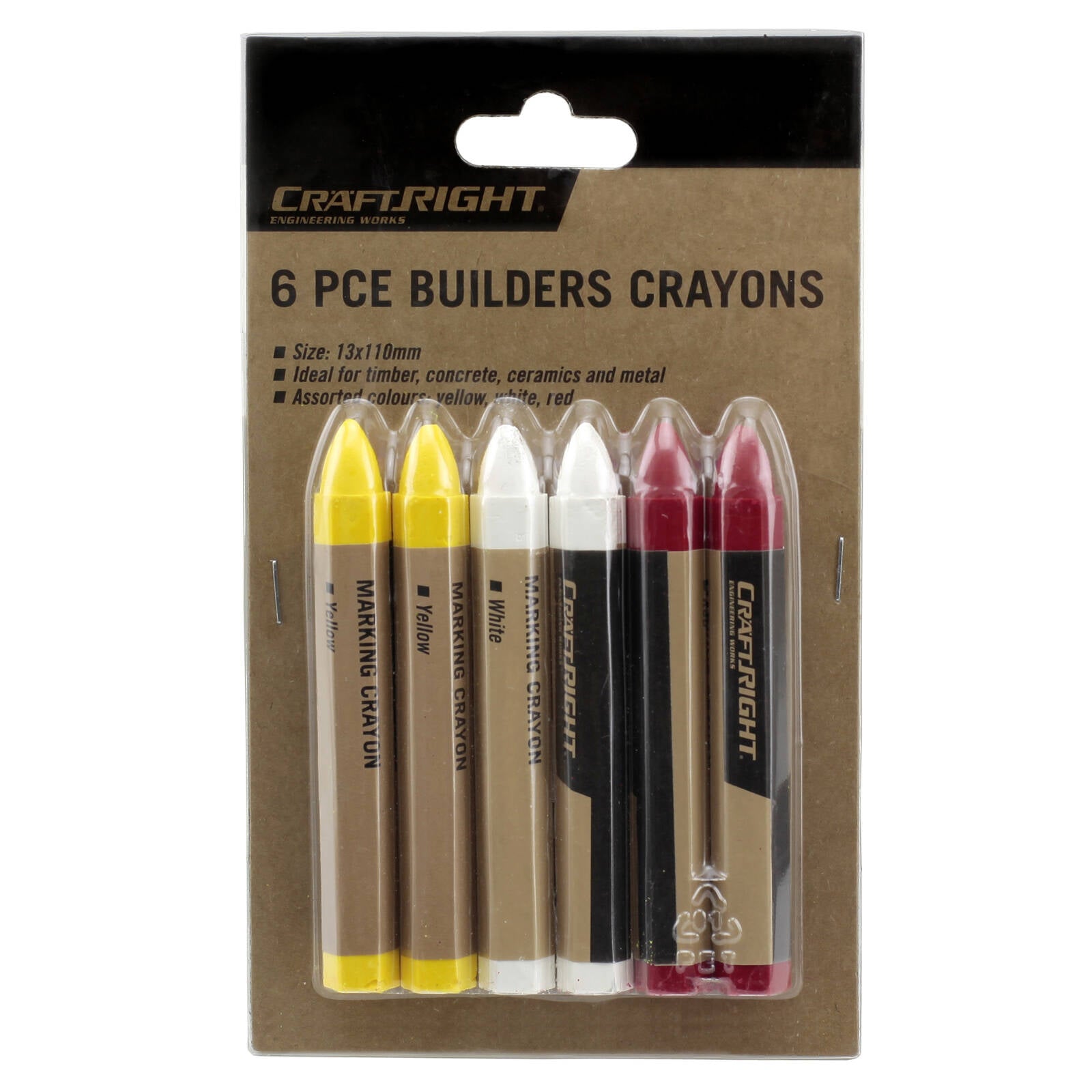 Craftright 6 Piece Builders Crayons, Wax Marking Crayons, Yellow, Red and White
