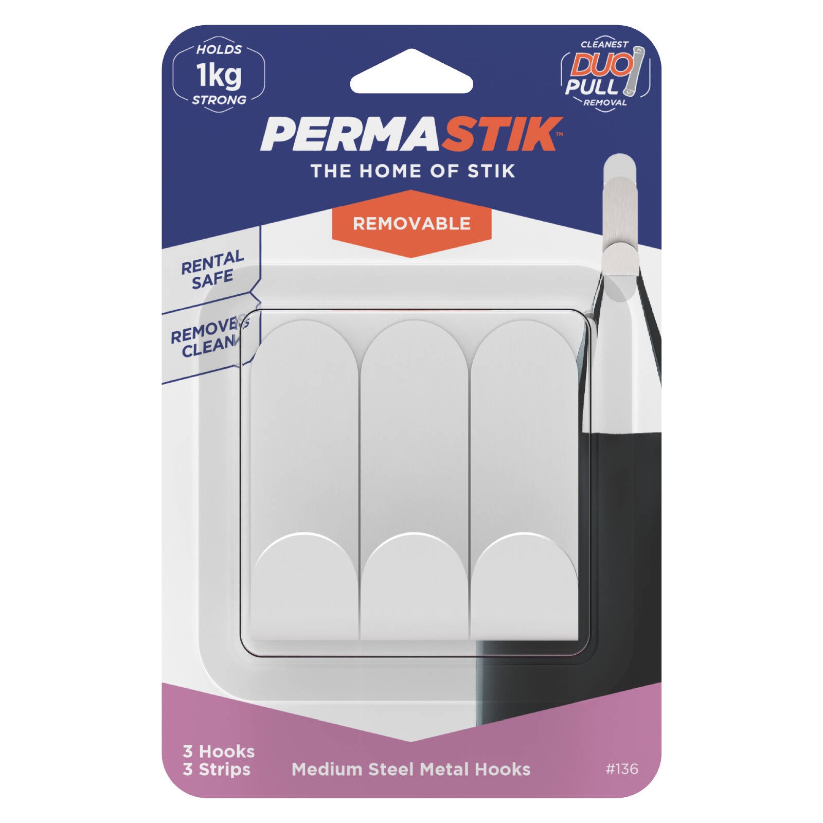 Permastik Medium Stainless Steel Adhesive Hooks 3 Pack Removable
