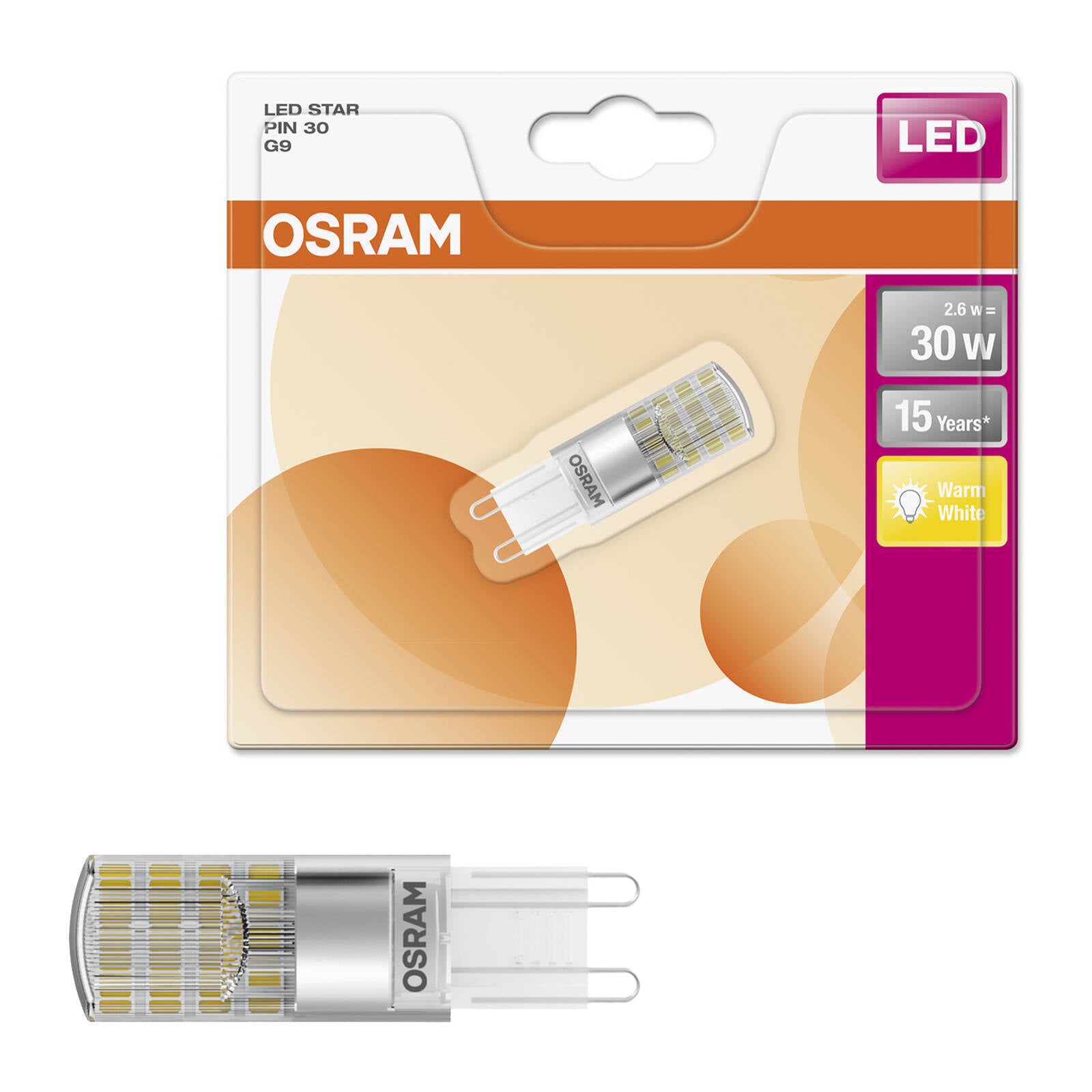OSRAM 2.6W 240V G9 Warm White LED Capsule 2700K 320lm 4058075812055