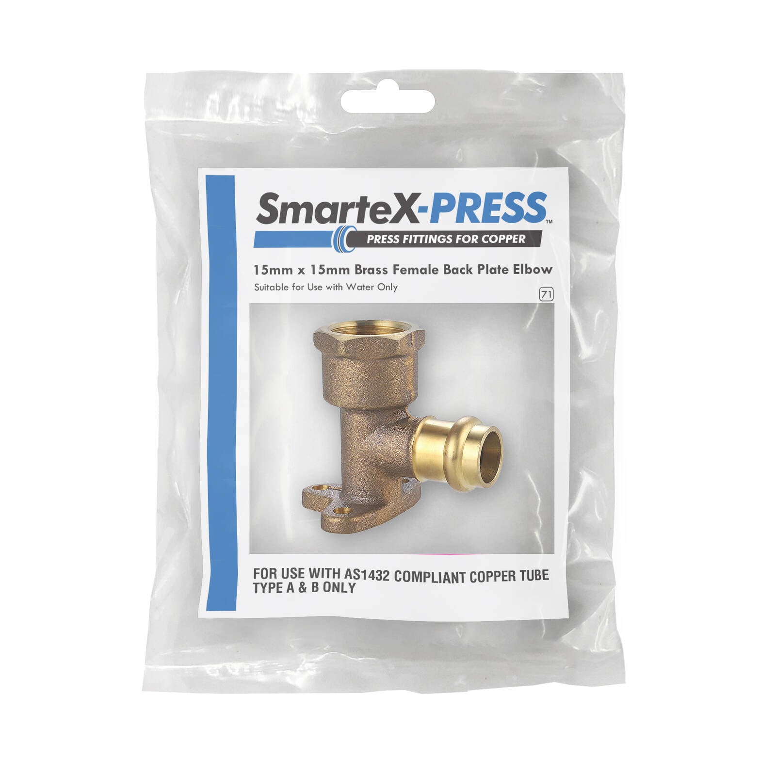 SmarteX-PRESS 15 x 15mm Female Back Plate Elbow, Lead Free Brass